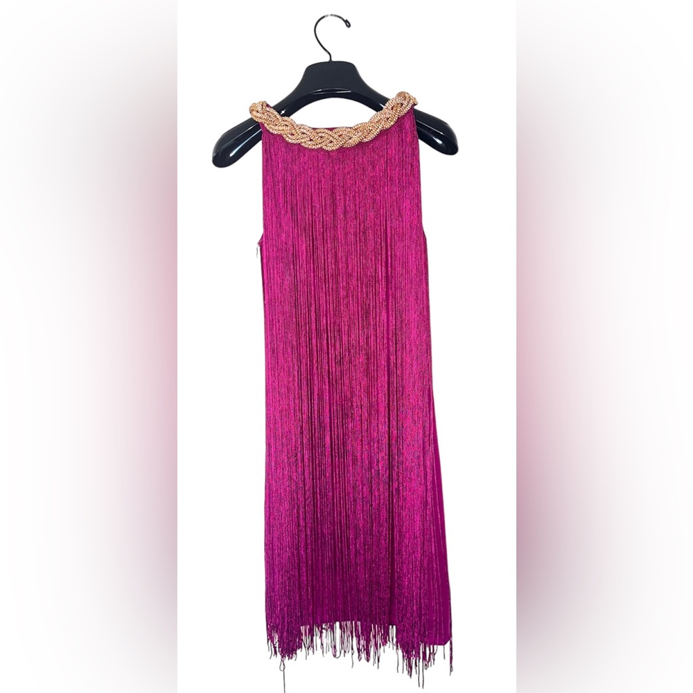 YA Los Angeles Short Fringe Dress w/ Beaded Neckline S59-18 - Picture 7 of 9